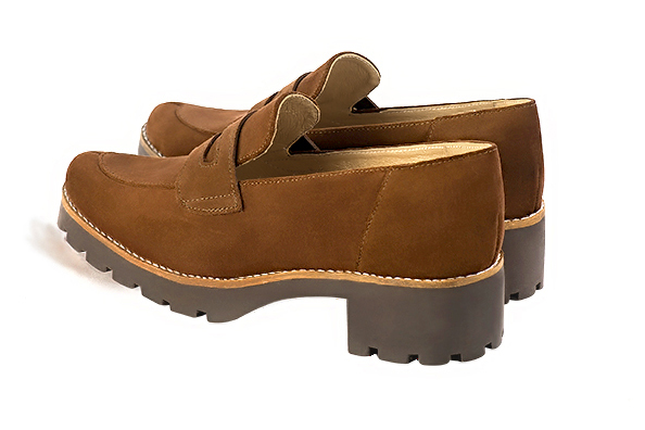 Caramel brown women's casual loafers. Round toe. Low rubber soles. Rear view - Florence KOOIJMAN